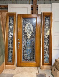 Wood Entry Door with Stained Glass Sidelights