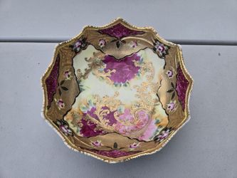 Antique Moriage Ornate Gold Beaded Hand Painted Bowl Floral scallop edge