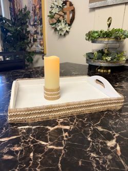 Farmhouse Like White Wooden Tray with battery operated Candle. See Description