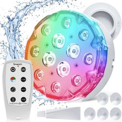 Smarich Upgraded Submersible LED Light - Underwater Pool Light with 16 RGB Color Bright Beads, IP68 Waterproof RF Remote/Magnets/Suction Cups/3*AA Bat