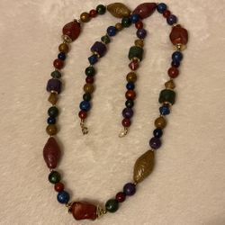 30” Multi Colored Beaded Necklace With Gold Accent