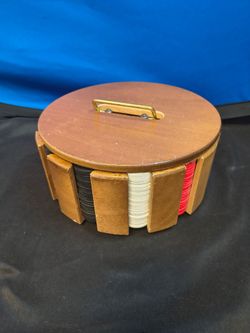 Vintage Wooden Poker Chip Carrier with a Lazy Susan and 2 Decks of Cards Included