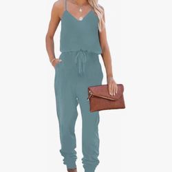 Lacozy Casual Jumpsuits Spaghetti Strap V Neck Rompers Blue Green, S