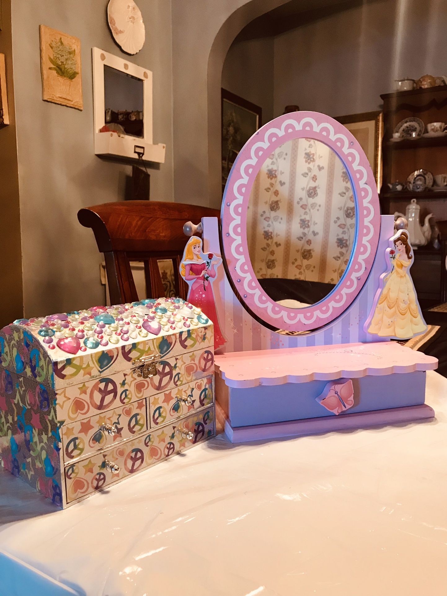 Really Cute Girls Princess TableTop Vanity Wood and Plastic Mirror (scratches) and a Cute Music box With Goodies Inside