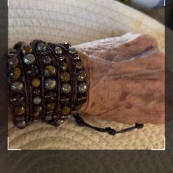 Leather Wrap, Bracelet With Different Beating And Browns And Tiger, Eyes And Crystals And Gold Beads