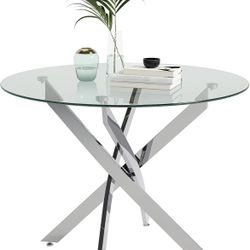 Round Tempered Glass Dining Table for 2-4 with Chromed Legs, 35.5 in Modern Small Kitchen Table for Kitchen Dining Room (White/Silver) 