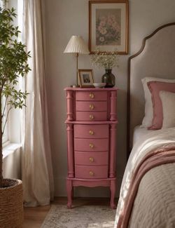Solid Wood Jewelry Cabinet in Dusty Rose Pink