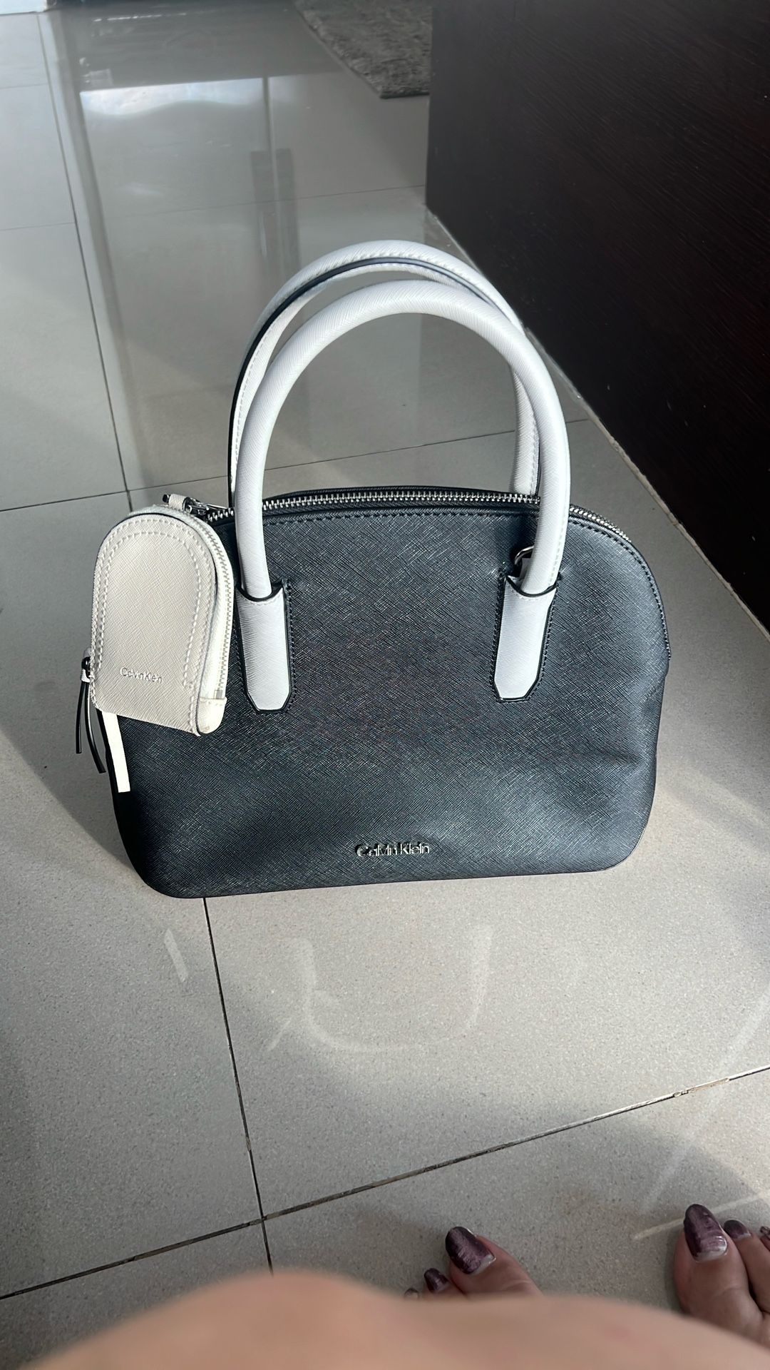 Calvin Klein Black and Gray Satchel with Structured Design