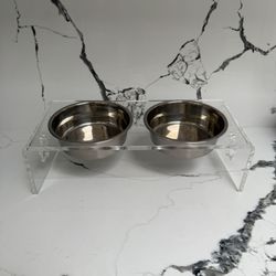 Acrylic Pet Water & Food Stand w/ 2 Stainless Steel Bowls