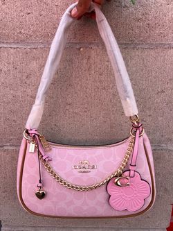 Gold/ Powder Pink Coach Teri Shoulder Bag in Signature Canvas with Charms.
