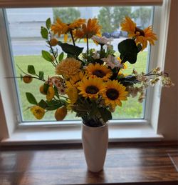 Artificial Sunflower Floral Arrangement with White Vase
