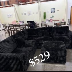 Stylish Black Sectional Sofa  Couch With Ottoman Fur-like  Jumbo corduroy 