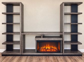Large Gray Entertainment Center with Electric Fireplace & Shelves