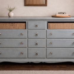 Blue Distressed 10 Drawer Dresser w/ Basket Storage