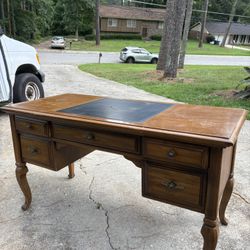 Antique Wooden Writing Desk with Leather Inlay