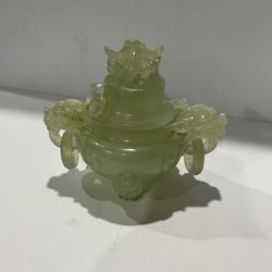 Chinese Green Jade with Dragon Mask Handles Incense Burner - 1 Handle Missing