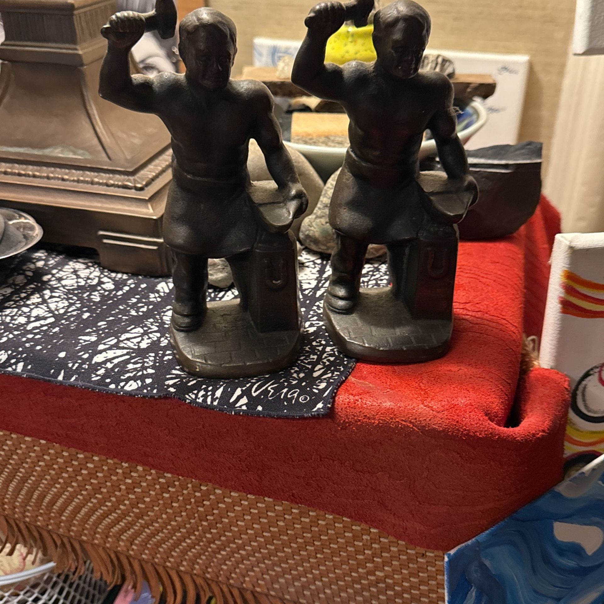 Rare Set of 2 Antique 6.5" Cast Iron & Bronze Foundry Blacksmith Workers Bookend