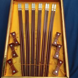 Vintage Chinese Set Of Six Pairs Of Rosewood Chopsticks w/ Silver-colored handles & Matching Wooden Rest
