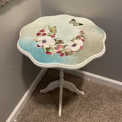 Vintage Tilt Top Side Table Redone White Butterfly Floral 