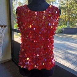 Red Silk Fine Guage Knit Top With Sequins 
