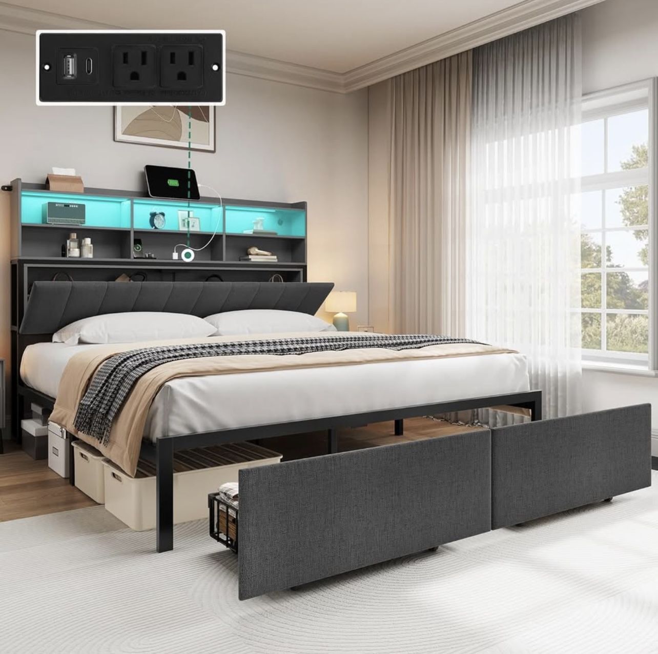 BED FRAME QUEEN SIZE WITH STORAGE DRAWERS AND LED LIGHTING BRAND NEW IN BOX!!!