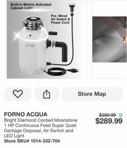 FORNO ACQUA Bright Diamond Corded Moonstone 1 HP Continuous Feed Super Quiet Garbage Disposal, Air Switch and LED Light