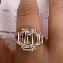 3.06 carat D VS1 emerald cut lab diamond with side baguette diamonds 5 stone Engagement Ring 