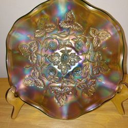 Millersburg Antique Bowl Green Serveware Carnival Glass Green Blackberry Wreath Ruffle