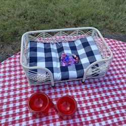 Red White & Blue Dog Bed, Bowl & Collar Set