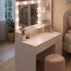 White Vanity Table w/ LED Mirror, Drawers & Power Outlet