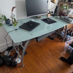 Desk Metal And Glass Silver And White Blue Glass