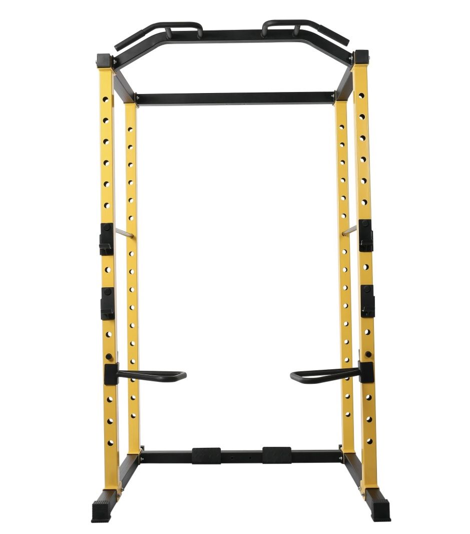Adjustable Yellow Black Steel Power Rack with Pull Up Bar, Dip Handles