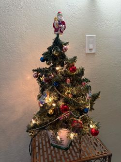 VINTAGE Spode Teleflora Mini Christmas Tree 2ft Tall Ceramic Pot & Glass Miniature Ornaments HTF