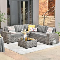 Patio Furniture Set Outdoor Sectional Sofa 6 PCS PE Rattan Wicker Couch Conversation Sets Wide Armrest with Coffee Table,Black