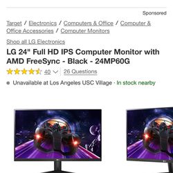 LG 24’ HD IPS Computer Monitor W/ AMD FreeSync 24MP60G