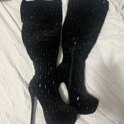 Black High Heel Rhinestone Boots