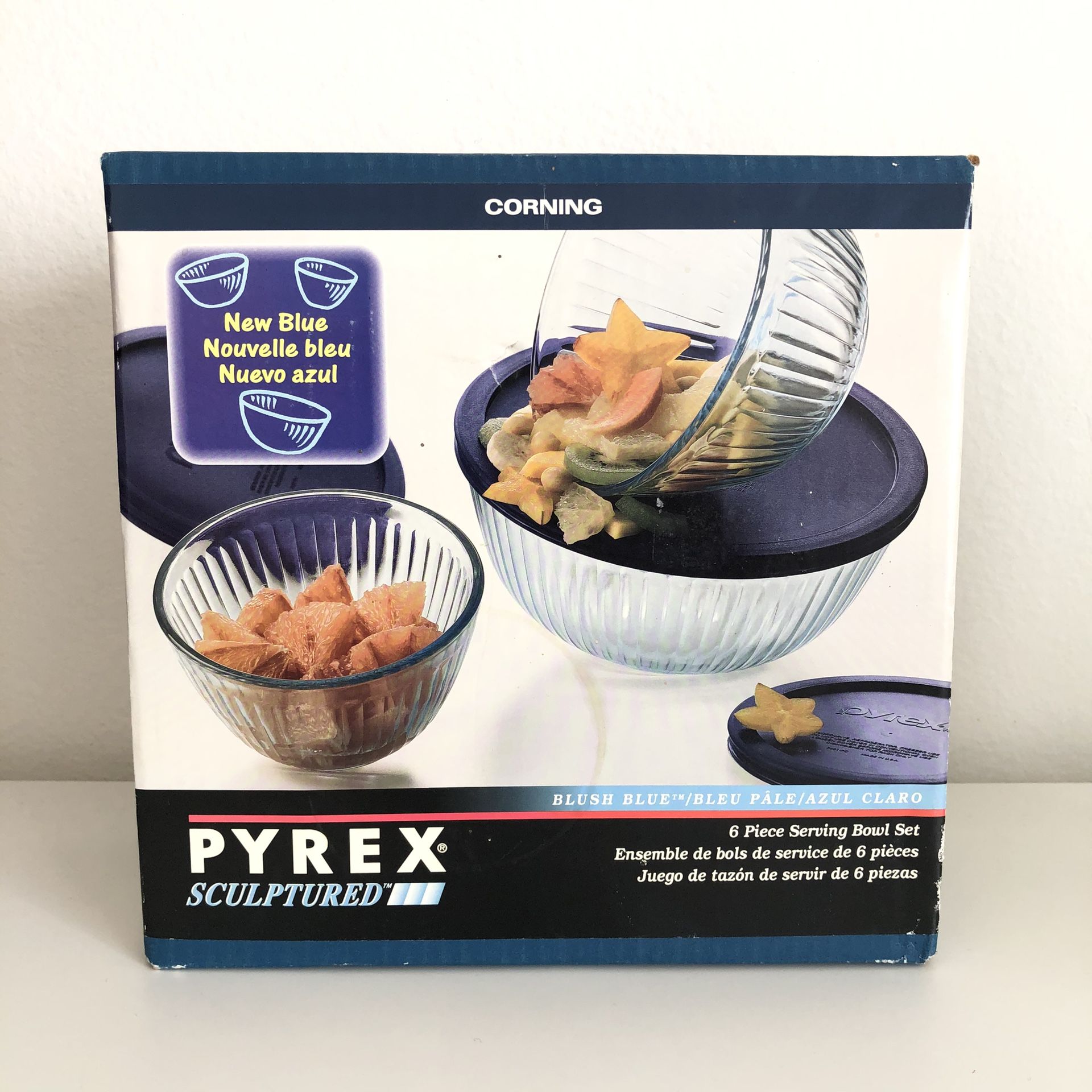 New Vintage 1996 Pyrex Sculptured 6 Piece Serving Clear Bowl Set Lids #6020951