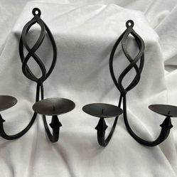 Set of Double Wrought Iron Spiral Wall Scones Candle Holders