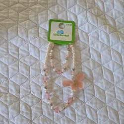 Beaded Girls Necklace and bracelet Set featuring pink beads, faux pearls, and a  pink butterfly