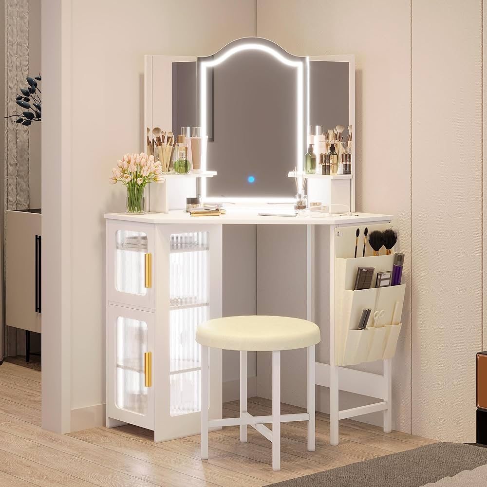 New Modern Corner Vanity Desk with Mirror and Lights, Makeup Vanity with Charging Station, Dressing Table with 3 Lighting Options, Vanity Set with Sto