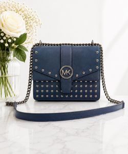 Michael Kors Small Blue Studded Logo Flap Crossbody, Magnetic, Chain Strap
