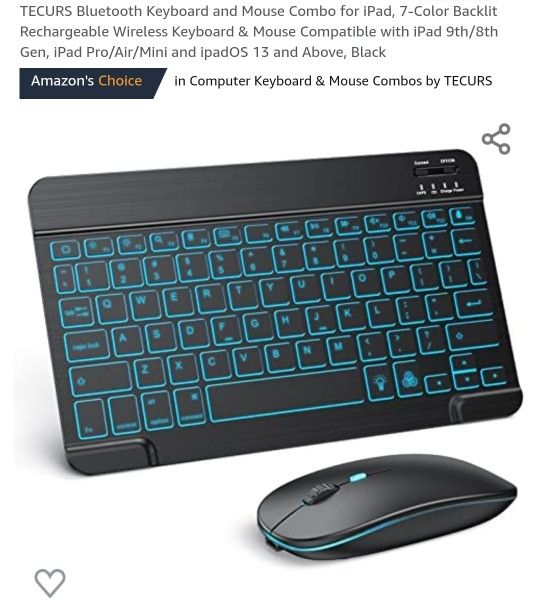 TECURS Bluetooth Keyboard and Mouse Combo for iPad, 7-Color Backlit Rechargeable Wireless Keyboard & Mouse Compatible with iPad 9th/8th Gen, iPad Pro