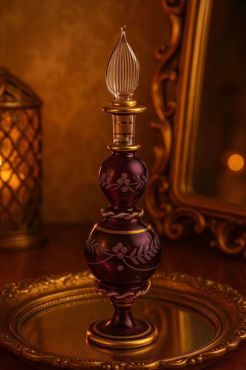Egyptian 1990s Hand Blown Perfume Bottle Amethyst Gold Swirl Trim Etched Flowers