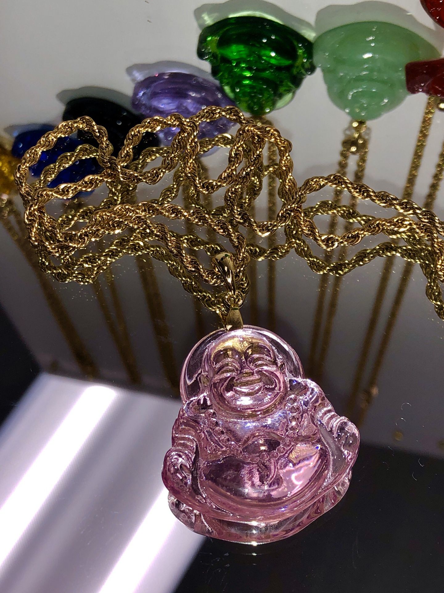 Pink Buddha pendant gold filled rope chain set