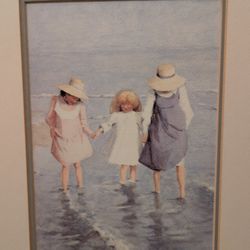 Framed Art Print Beach Scene Three Little Girls 11 3/4  x 11 3)4
