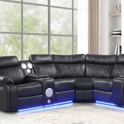 Brand New Elegant LED Power Reclining Sectional Sofa With Speakers 