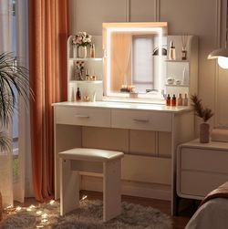 ✨ NEW LED Makeup Vanity Set with Mirror & Stool – White ✨