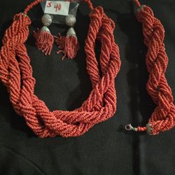 Red Beaded Necklace Twisted With Bracelet And Earrings