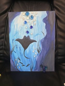 Handmade Ocean Scene Painting with Glass Gems