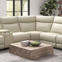 Brand New Beige Top Grain Leather Reclining Sectional Sofa 